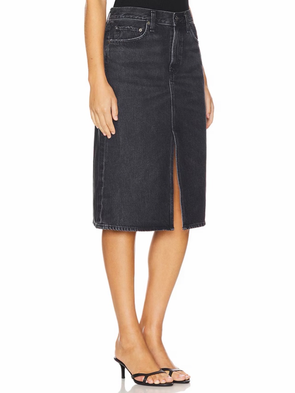 Agolde Gaia Denim Midi Skirt Black Paradox size 27 front slit capsule wardrobe